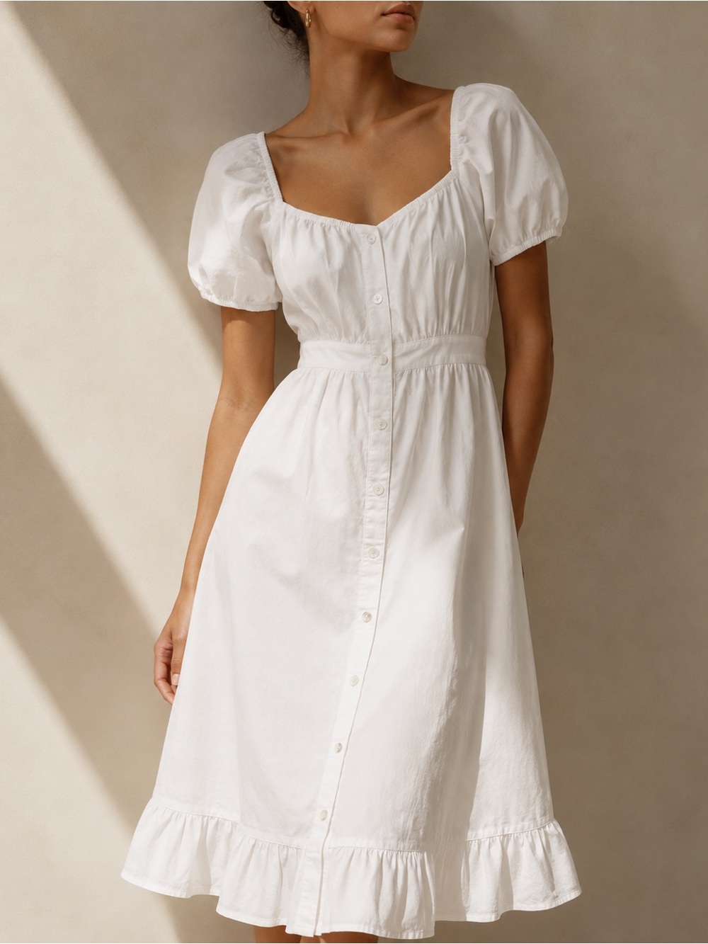 NWT Sim & Sam White Cotton Puff Sleeve Button Front Midi Dress M